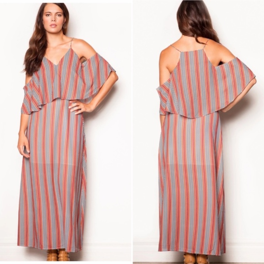 Elegant Striped Maxi Dress - Red and Gray